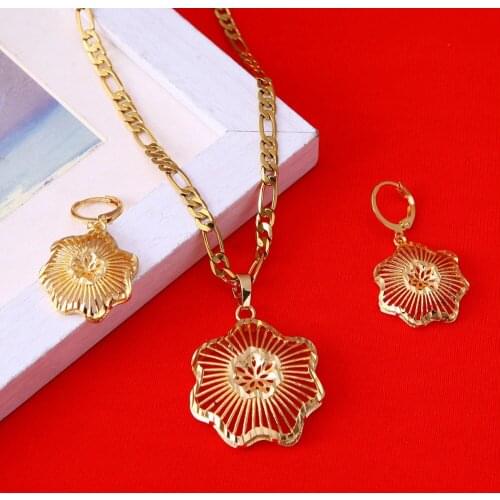 Ethiopian Flower Jewelry Sets For Bride Wedding Necklace Pendant Earrings Gold Color Arab Africa Gifts