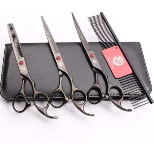 Z3003 4Pcs Set 7'' Black Steel Comb + Cutting Shears + Thinning Scissors +UP Curved Shears Professional Pets Hair Scissors Suit