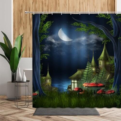 French Animation Fairy Tale House Kids Bathroom Shower Curtain Forest Plant Tree Moon Mushroom Starry Sea Scenic Fabric Curtains