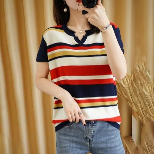 T-shirt womens 2021 summer new pure cotton top casual sweater striped knitwear V-neck pullover short-sleeved plus size tees