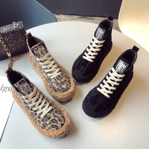 Shoes Woman Plus Size Leopard Flat High Shoes Womens Winter Plus Velvet Cotton Boots Fluffy Luxury Sexy Fashion Platform Heels