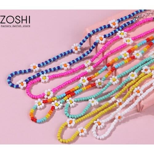 New Korea Sweet Lovely Colors Daisy Flowers Beaded Choker Boho Clavicle Necklace for Women Statement Vacation Handmade Jewelry