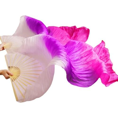 100% Silk Handmade Dyed Belly Dance Fans 1Pair Left+Right hand Belly Dance Long Fans White+Purple+Rose 5 Sizes Can Be Customized
