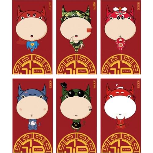 6Pcs/Set 2021 Ox Year Cartoon Cattle Print Red Envelope Thick Lucky Money Bag Chinese Spring Festivals Gift New Year Packet