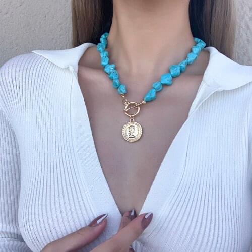 AENSOA Bohemian Natural Stone Beaded Chain Necklaces Gold Color Portrait Carved Coin Pendants& Necklaces Boho Beach Jewelry Gift