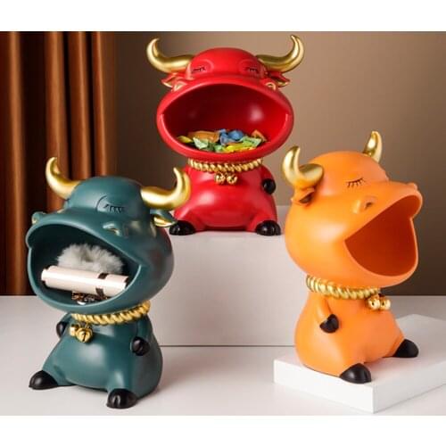 Resina Bull Statue Mascot Sculpture Decoration Key Storage Room Entry Home This New Year Jewelry Cute Plate Fruit Bowl