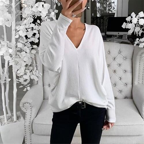 Elegant T Shirt Women 2021 Ladies Loose Solid Color V-Neck Long Sleeve Woman Pullover Casual Daily Wear Autumn Tops Female