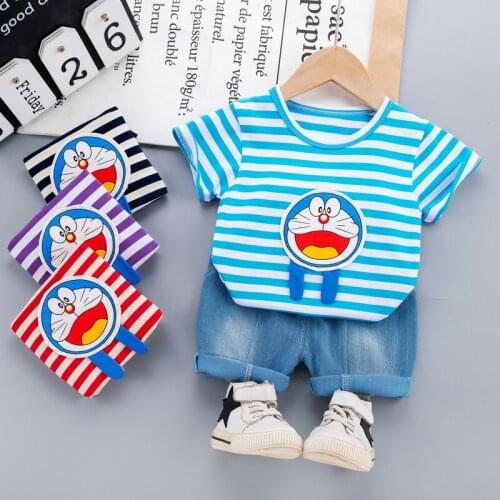 Summer Fashion Toddler Baby Boys/Girls Clothes Children Cartoon Stripe T Shirt+Denim Shorts 2PCS Sets Clothing Kids Tracksuit