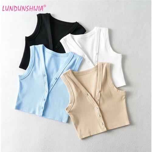 LUNDUNSHIJIA 2021 Summer Open Front Buckle Vest Cardigans Women With Buttons Girls Fashion Sexy Sleeveless V-Neck Crop Tops