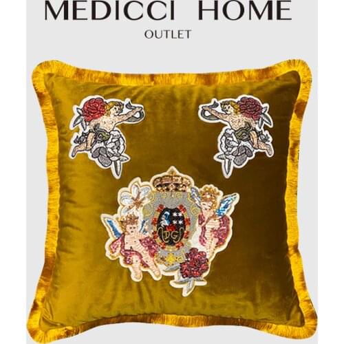 Medicci Home Decor Retro Gold Pillow Cover Cupid Angels Sequins Embroidery Ginger Yellow Vintage Cushion Case With Tassels