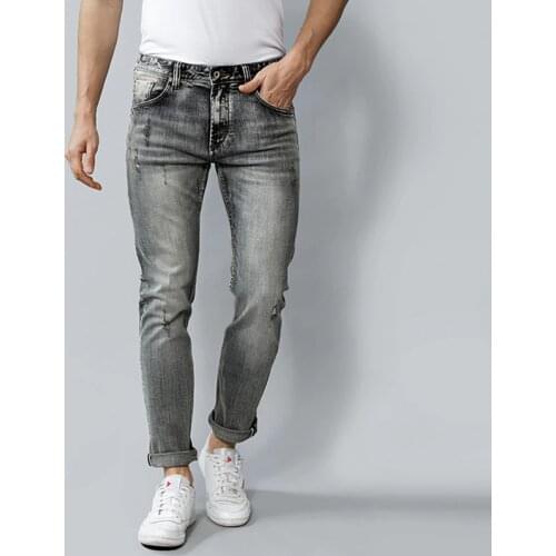 European American Street Fashion Men Jeans High Quality Retro Gray Slim Ripped Jeans Men Selvedge Designer Redline Denim Pants