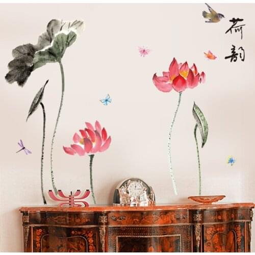 Chinese Style Beautiful Lotus Wall Stickers Ink Mural Art Home Decor DIY Wall Art Decal Living Room Bedroom TV Sofa Decoration