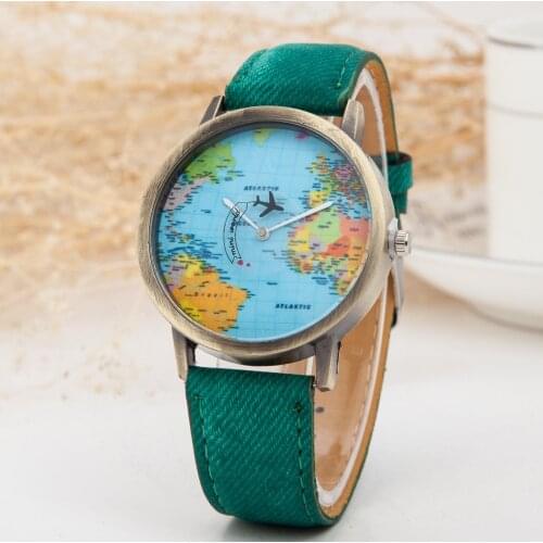 New women leather mini world map watch fashion plane Rotary printing ladies cowboy dress quartz wrist watches for women ladies
