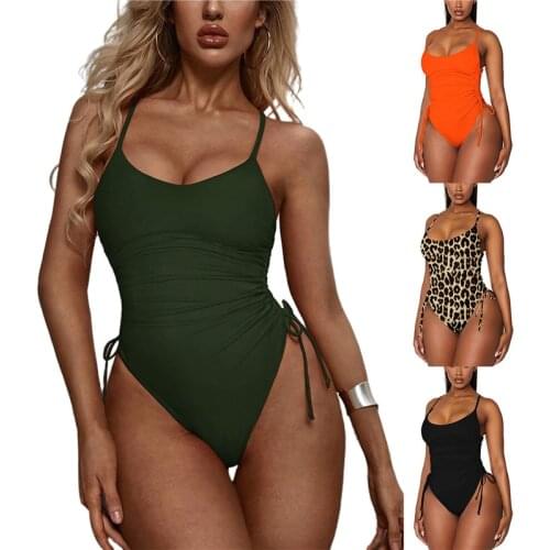 2021 New Bikinis Women Casual Swimsuit U-shape Collar Sleeveless Pleated One-piece Army Green/ Orange/ Khaki/ Black Swimwear