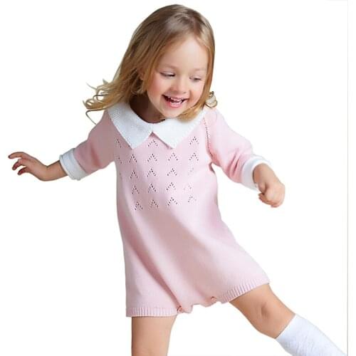 New Born Toddler Sweater Dress Baby Girls Dress Cotton Knit Crochet Romper Kids Peter Pan Collar Jumpsuit Infant LZ074