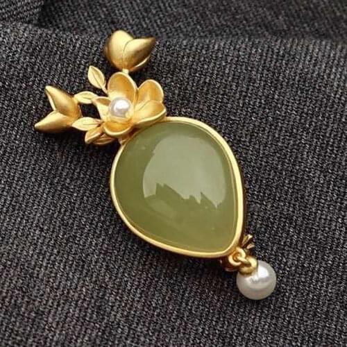 New silver inlaid natural Hetian Jasper Flower Pendant Necklace Chinese style retro unique sand gold craft charm womens jewelry