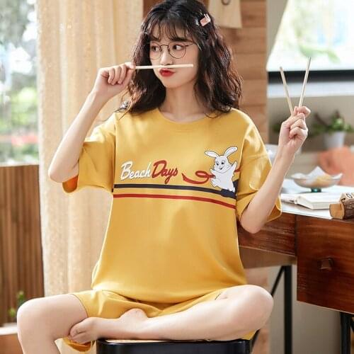 Womens Sleepwear Cute Cartoon Bunny Print Short Sleeve Pajamas For Women Korean Sweet Womens T Shirts Plus Size Summer Pajamas