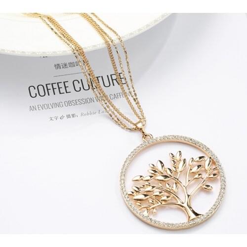 Big Crystal Tree of Life Women Pendant Necklace Multilayer Long Chains Round Circle Gold Tree Pendant Collier Drop Jewelry Gifts