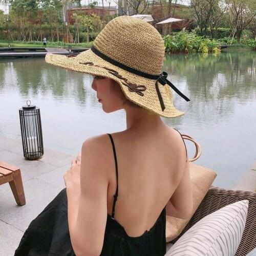 Women Letter Embroidery Bowknot Straw Weave Hat Large Brim Anti-UV Sunhat Cap summer hat Cap beach hat cap Anti-UV Sunhat