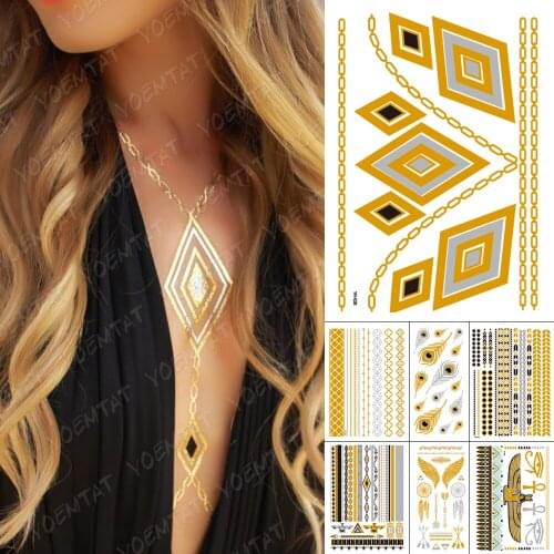 Waterproof Temporary Tattoo Sticker Diamond Chain bracelet Gold Metallic Flash Tatoo Party Henna Jewelry Glitter Body Art