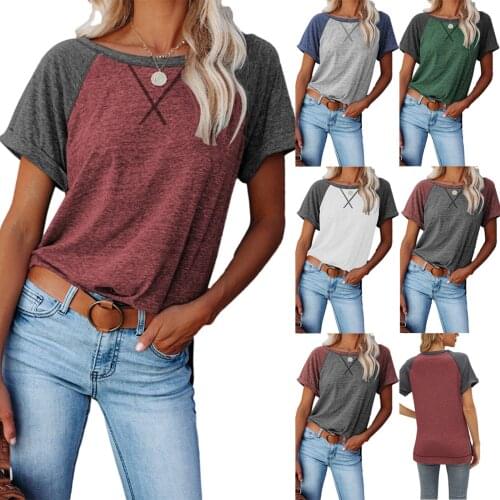5 Colors Contrast Color Cross Loose Round Neck Top Short Sleeve Ladies Color Matching T-Shirt Casual Style Round Neck Pullover