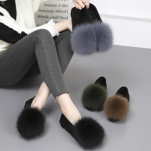 2019 Newest fox fur ball platform shoes women thick bottom moccasins flats comfort plush slip on lazy creepers furry espadrilles