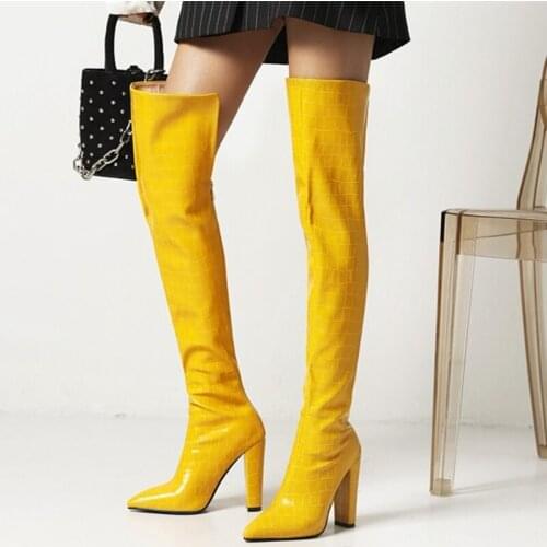 Women Boots Stone Print High Chunky Heel Boots Custom Big Size 43 Winter Over Knee High Boots Back Zip
