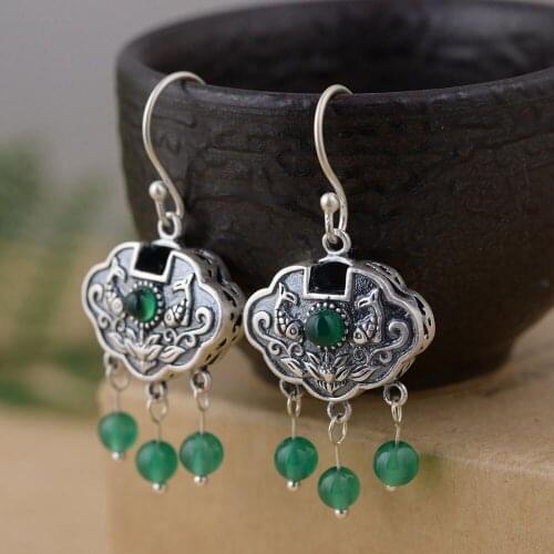 FNJ White Green Yellow Chalcedony Earrings 925 Silver 100% Pure Original S925 Silver Sterling Drop Earring for Women Jewelry