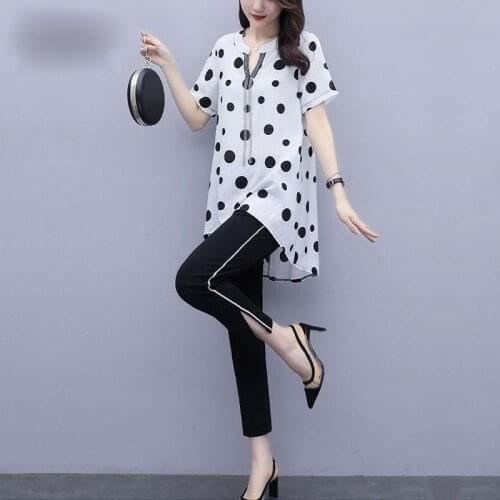 Women 2021 New Summer Fashion Large Size Printing Short-sleeve Chiffon Shirt + Pencil Pants Suits Two-piece Sets L-5XL Y791