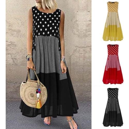 Bohemian Printed Maxi Dress WomenS Ruffle Sundress Casual Sleeveless Polka Dot Tank Vestidos Female Patchwork Robe Plus Size