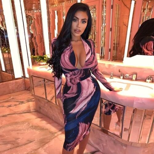 2020 Long Sleeve Tie Tye V-neck Sexy Midi Dress Autumn Winter Women Streetwear Christmas Party Outfits