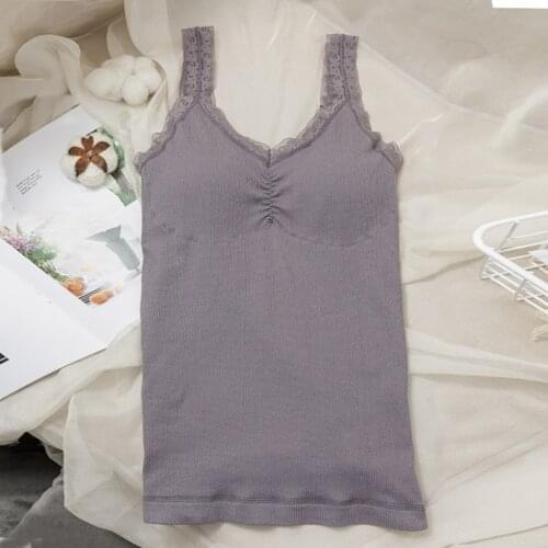 Women Thermal Fleece Lined Underwear Tops Cami Tank Top with Built in Bra Lace Trim V-Neck Vest d88