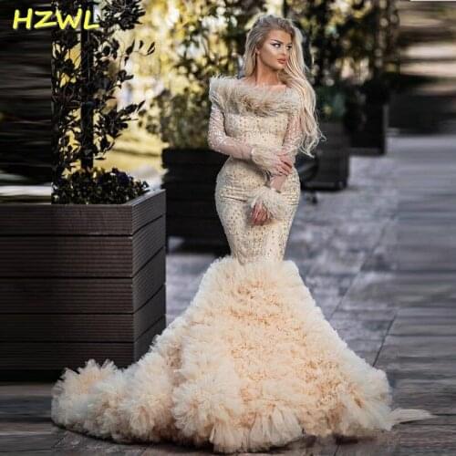 Beige Mermaid Prom Dresses 2021 Spring Summer Sheer Long Sleeves Evening Gowns With Feather Ruched Sweep Train Robe De Soiree