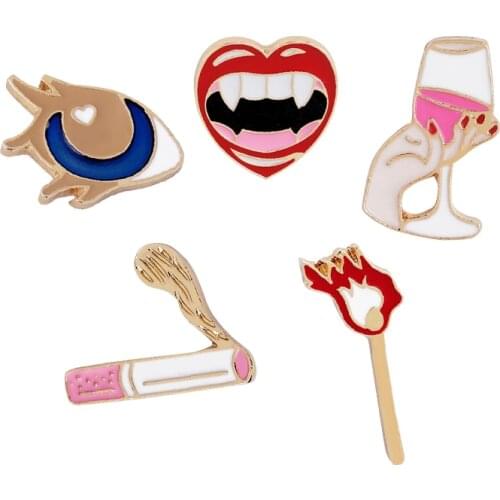 Vampire Lips Eye Red Wine Matches Cigarette Enamel Brooches Pins Denim Shirt Lapel Pin Badge Cartoon Fashion Women Jewelry Gifts