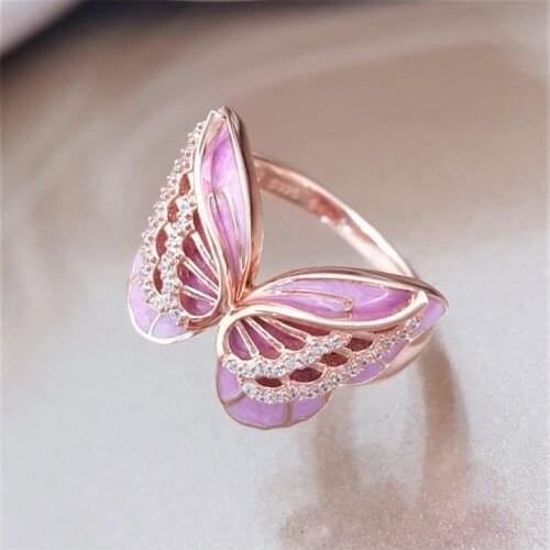 Gold Pink Butterfly Rings For Women Valentines Love Ring With Stone Rhinestones Wedding Luxury Jewelry Valentine New Arrival