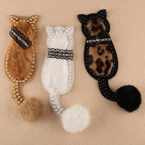 1 pcs Pearl fur Cat Patch for Clothes Sewing on Rhinestone Beaded Applique for Jackets Jeans Bags Shoes Beading Appliques
