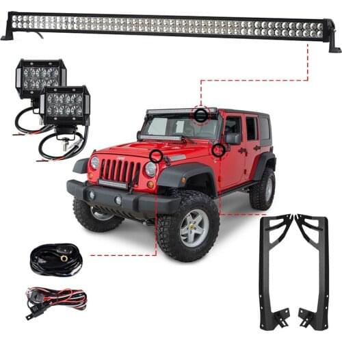 300W 52 inch LED Light Bar + 2 x 18W Work Light + Wiring Harness Relay Windshield Mounting Bracket for Jeep Wrangler JK 07-15