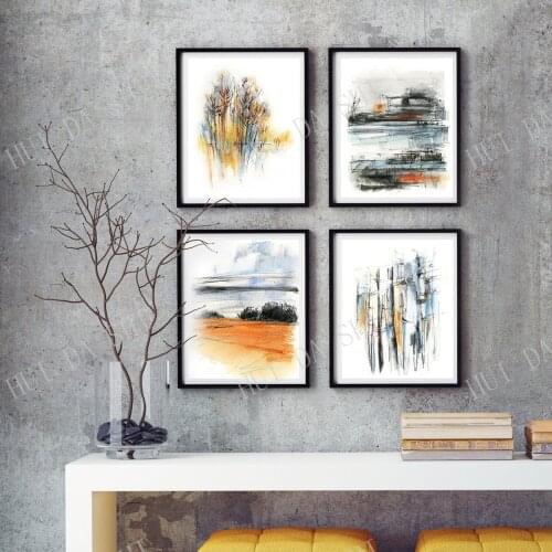 Abstract Nature Painting Prints Set of 4, Blue Orange Grey Landscape Tress Wall Gallery Set, Large Wall Art Set of 4