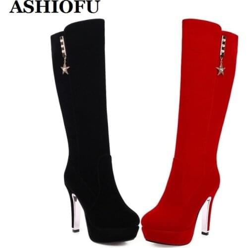 ASHIOFU Handmade New Ladies High Heels Boots Faux-suede Sexy Platform Black&Red Midcalf Boots Fashion Evening Winter Boots Shoes
