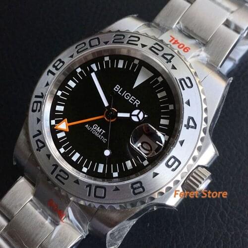 BLIGER 40mm Orange GMT Automatic Men Watch Black Dial Luminous Hand Brushed Oyster Band Silver Insert Flat Sapphire Wristwatch