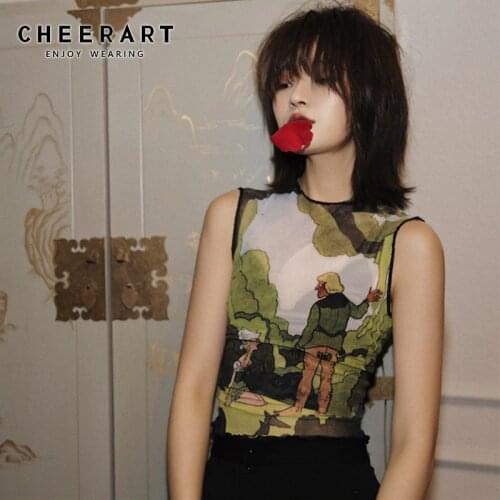 CHEERART Mesh Tank Top Women Crop Top Voile Tanktop Summer Sleeveless Underwear Pattern Print Green Top Femme Clothes