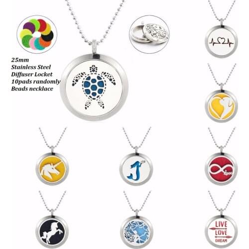 Turtle unicorn diffuser necklace Perfume locket 25mm 316L Stainless Steel necklace twist screw with S.S beads chain 10pads