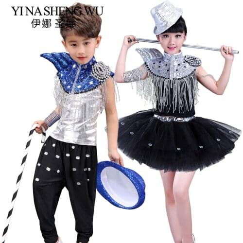 Kids Glitter Sequin Jazz Dance Costumes Stage Boy and Girl Hip-hop Dance Performance Costumes Children Shining Jazz Dance