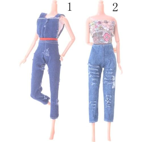 1Set Fashion Handmade For Doll Clothing T-shirt Hole Jeans Denim Overalls Street Style Toys Accessories Christmas Gift