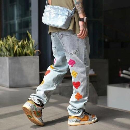 Korean Style Retro Cartoon Printed Jeans Mens Trendy Loose Straight Pants Blue Color Fashion Casual Pants Slim Fit Trousers