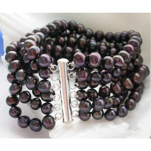 Perfect Women Birthday,Chirstmas Gift Pearl Bracelet,6Rows 8inches Black Round Freshwater Cultured Pearl Bracelet