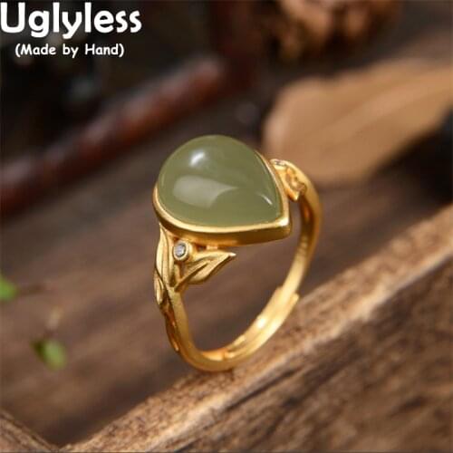 Uglyless Water Drop Jade Rings for Women Gold Bamboo Leaves Ethnic Dress Rings Natural Gemstones 925 Silver Fashion Jewelry Gold