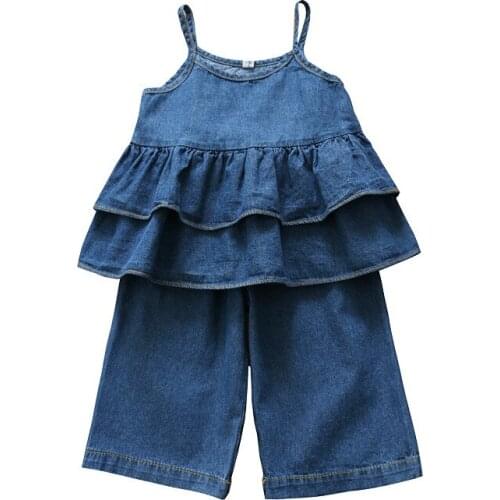 2020 Toddler Girl Clothes Sets Fashion Ruffled Sling Tops Wide Leg Pants 2pcs Baby Girl Denim Suits 2 3 4 5 6 Y Girls Clothing
