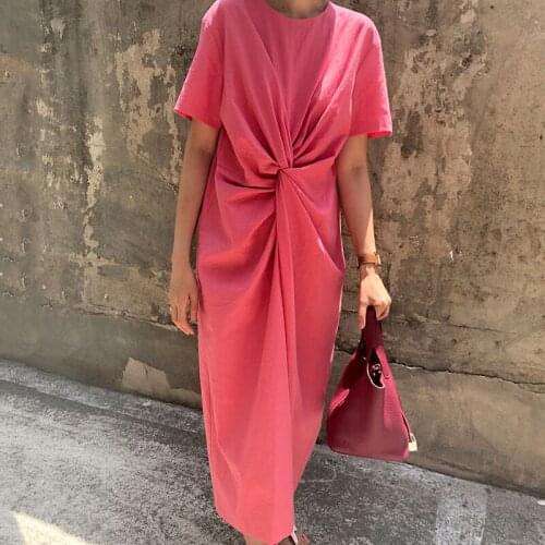 Korean Chic French Retro Round Neck Raspberry Pink White Twisted Design Waist Thin Short-Sleeved Split Dress