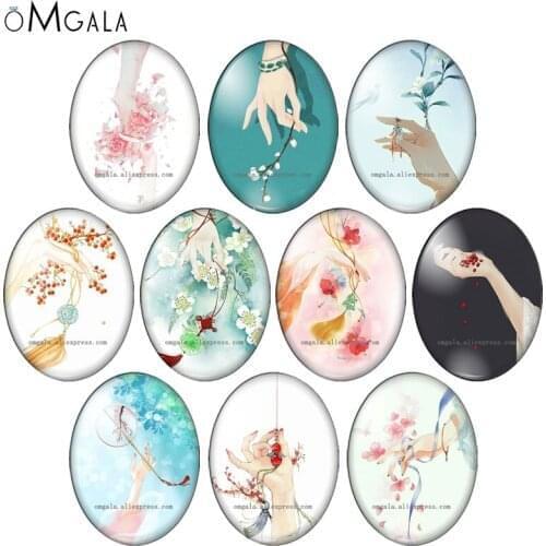 Beauty Chinese classical woman hand paintings 13x18mm/18x25mm/30x40mm Oval photo glass cabochon flat back Making findings